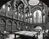 Surreal Black and White Library with Celestial Zodiac Map Art Print