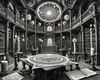 Surreal Black and White Library with Celestial Zodiac Map Art Print