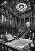 Surreal Black and White Library with Celestial Zodiac Map Art Print