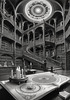 Surreal Black and White Library with Celestial Zodiac Map Art Print