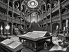 Surreal Black and White Library with Celestial Zodiac Map Art Print
