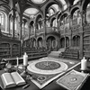 Surreal Black and White Library with Celestial Zodiac Map Art Print