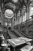 Surreal Black and White Library with Celestial Zodiac Map Art Print
