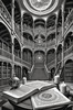 Surreal Black and White Library with Celestial Zodiac Map Art Print