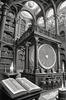 Surreal Black and White Library with Celestial Zodiac Map Art Print