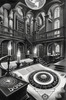 Surreal Black and White Library with Celestial Zodiac Map Art Print