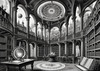 Surreal Black and White Library with Celestial Zodiac Map Art Print