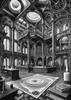 Surreal Black and White Library with Celestial Zodiac Map Art Print