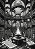 Surreal Black and White Library with Celestial Zodiac Map Art Print
