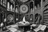 Surreal Black and White Library with Celestial Zodiac Map Art Print