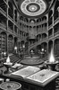 Surreal Black and White Library with Celestial Zodiac Map Art Print