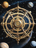 Abstract Surreal Celestial Orrery Print with Zodiac Gears and Symbolic Planets