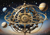 Abstract Surreal Celestial Orrery Print with Zodiac Gears and Symbolic Planets