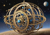 Abstract Surreal Celestial Orrery Print with Zodiac Gears and Symbolic Planets