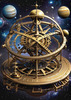 Abstract Surreal Celestial Orrery Print with Zodiac Gears and Symbolic Planets