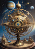 Abstract Surreal Celestial Orrery Print with Zodiac Gears and Symbolic Planets
