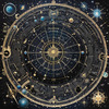 Cyberpunk figure observing a celestial map with zodiac constellations and clock-faced planets in an abstract surreal art print
