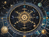Cyberpunk figure observing a celestial map with zodiac constellations and clock-faced planets in an abstract surreal art print