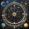 Cyberpunk figure observing a celestial map with zodiac constellations and clock-faced planets in an abstract surreal art print