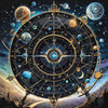 Cyberpunk figure observing a celestial map with zodiac constellations and clock-faced planets in an abstract surreal art print