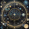 Cyberpunk figure observing a celestial map with zodiac constellations and clock-faced planets in an abstract surreal art print