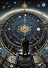Cyberpunk figure observing a celestial map with zodiac constellations and clock-faced planets in an abstract surreal art print