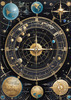Cyberpunk figure observing a celestial map with zodiac constellations and clock-faced planets in an abstract surreal art print