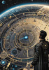 Cyberpunk figure observing a celestial map with zodiac constellations and clock-faced planets in an abstract surreal art print