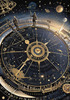 Cyberpunk figure observing a celestial map with zodiac constellations and clock-faced planets in an abstract surreal art print