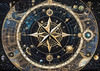 Cyberpunk figure observing a celestial map with zodiac constellations and clock-faced planets in an abstract surreal art print