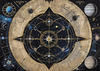 Cyberpunk figure observing a celestial map with zodiac constellations and clock-faced planets in an abstract surreal art print