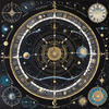 Cyberpunk figure observing a celestial map with zodiac constellations and clock-faced planets in an abstract surreal art print