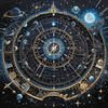 Cyberpunk figure observing a celestial map with zodiac constellations and clock-faced planets in an abstract surreal art print