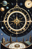 Cyberpunk figure observing a celestial map with zodiac constellations and clock-faced planets in an abstract surreal art print