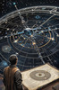 Cyberpunk figure observing a celestial map with zodiac constellations and clock-faced planets in an abstract surreal art print