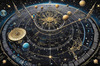 Cyberpunk figure observing a celestial map with zodiac constellations and clock-faced planets in an abstract surreal art print