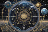 Cyberpunk figure observing a celestial map with zodiac constellations and clock-faced planets in an abstract surreal art print