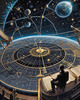 Cyberpunk figure observing a celestial map with zodiac constellations and clock-faced planets in an abstract surreal art print