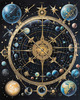 Cyberpunk figure observing a celestial map with zodiac constellations and clock-faced planets in an abstract surreal art print