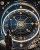 Cyberpunk figure observing a celestial map with zodiac constellations and clock-faced planets in an abstract surreal art print