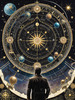Cyberpunk figure observing a celestial map with zodiac constellations and clock-faced planets in an abstract surreal art print
