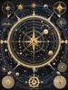 Cyberpunk figure observing a celestial map with zodiac constellations and clock-faced planets in an abstract surreal art print