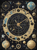 Cyberpunk figure observing a celestial map with zodiac constellations and clock-faced planets in an abstract surreal art print