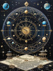 Cyberpunk figure observing a celestial map with zodiac constellations and clock-faced planets in an abstract surreal art print
