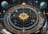 Cyberpunk figure observing a celestial map with zodiac constellations and clock-faced planets in an abstract surreal art print