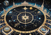 Cyberpunk figure observing a celestial map with zodiac constellations and clock-faced planets in an abstract surreal art print