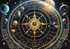 Cyberpunk figure observing a celestial map with zodiac constellations and clock-faced planets in an abstract surreal art print