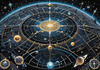 Cyberpunk figure observing a celestial map with zodiac constellations and clock-faced planets in an abstract surreal art print