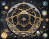 Cyberpunk figure observing a celestial map with zodiac constellations and clock-faced planets in an abstract surreal art print