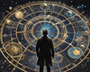 Cyberpunk figure observing a celestial map with zodiac constellations and clock-faced planets in an abstract surreal art print